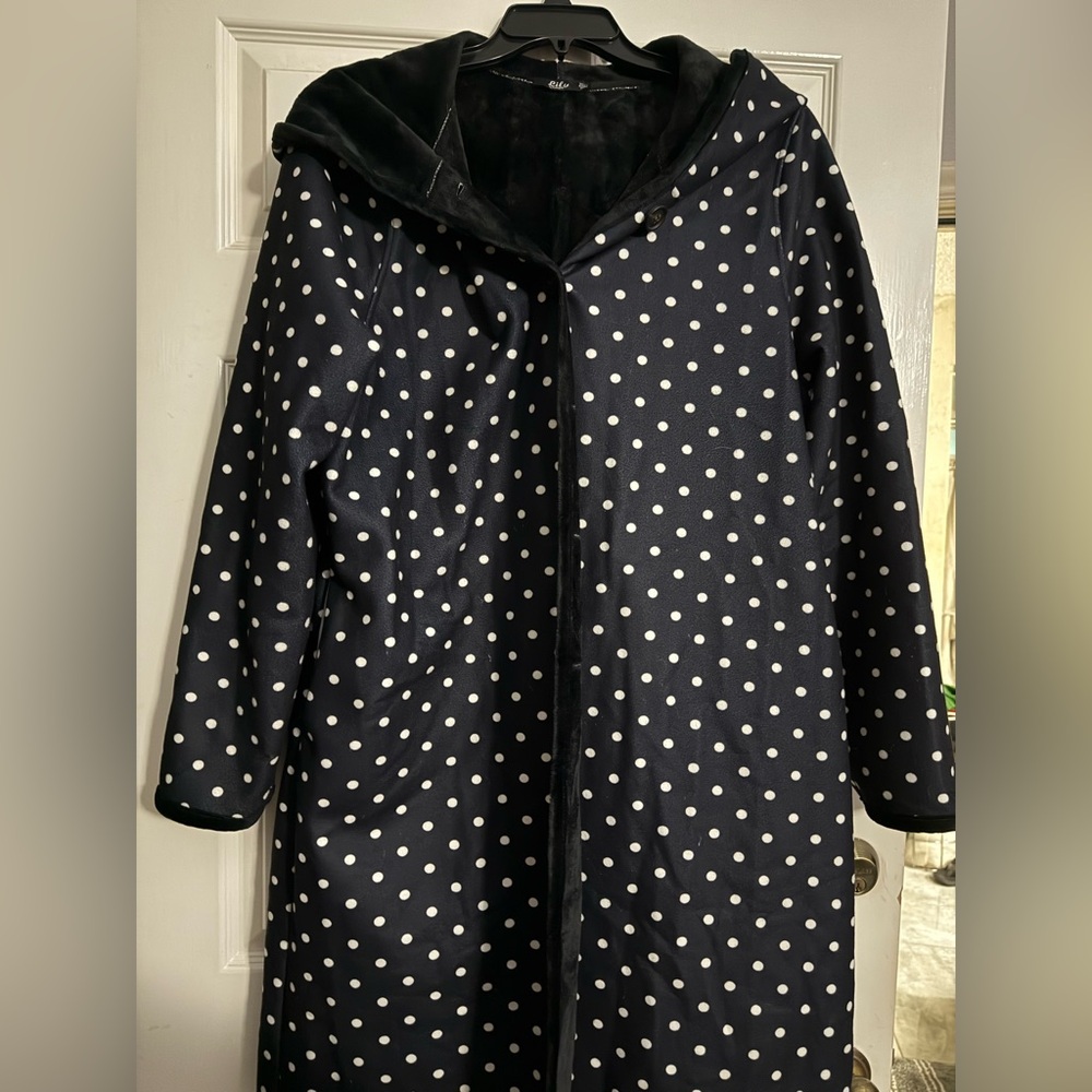Polka Dot Hooded Women's Black Coat 3XL